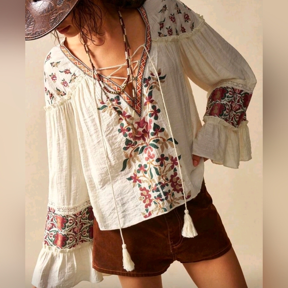 New Boho Floral Print Lace Up Top Flare Ruffle Long Sleeve Ivory Cream - Picture 6 of 8